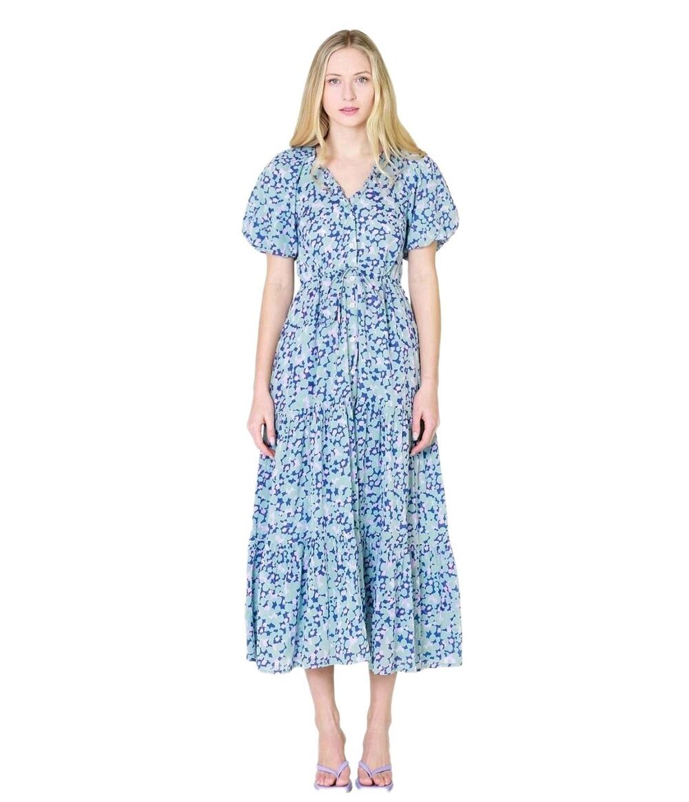 Banjanan Poppy Run Bud Blueprint Midi Dress Puff Sleeves Button Front Size L